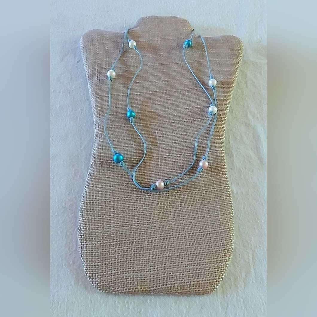 Handmade White Lt Blue Lt Pink Pearl Baby Blue Leather Necklace 28$